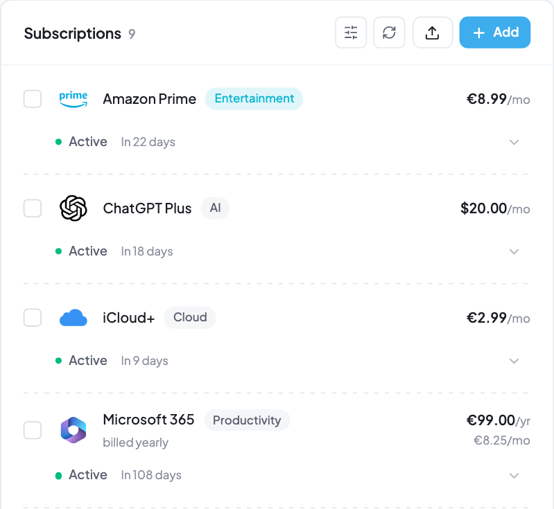 Renevo’s subscriptions list: Amazon Prime, ChatGPT Plus, iCloud+ and Microsoft 365, each with its price, status and days until renewal. Figures are illustrative.